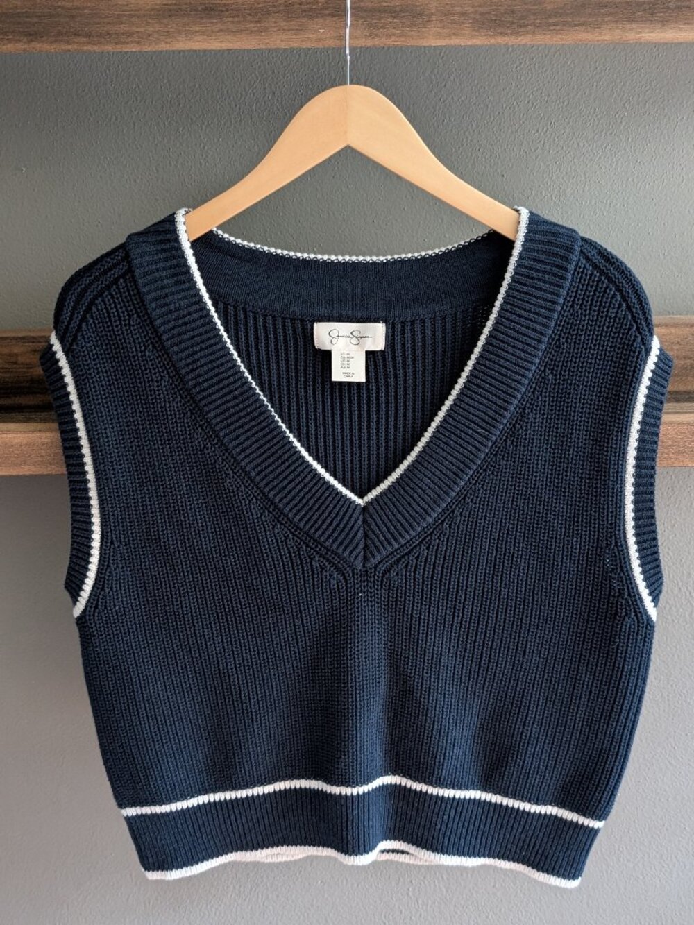 Preppy Varsity Jessica Simpson Navy V-Neck Sweater Vest M NWOT